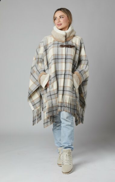 24/25 poncho con frange in lana fantasia tartan