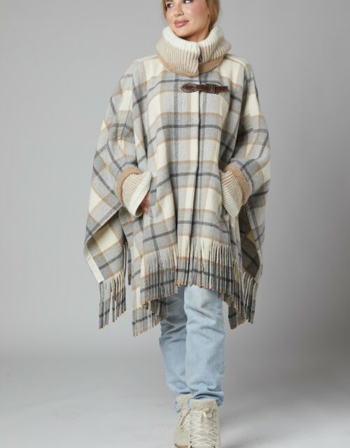 24/25 poncho con frange in lana fantasia tartan