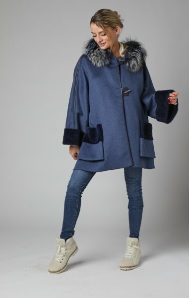 24/25 cappotto in cashmere double blu navy con cappuccio in mourmasky