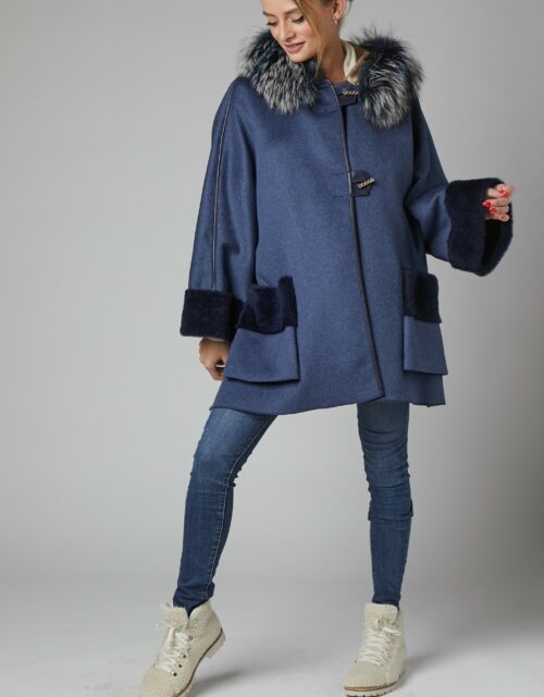 24/25 cappotto in cashmere double blu navy con cappuccio in mourmasky