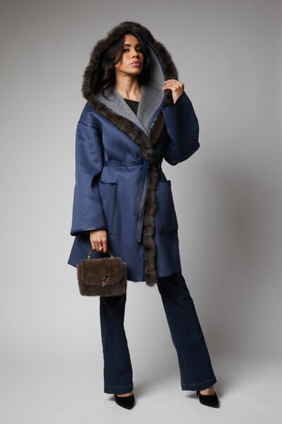 24/25 cappotto in cashmere double blu navy con bordura in zibellino