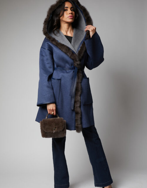 24/25 cappotto in cashmere double blu navy con bordura in zibellino
