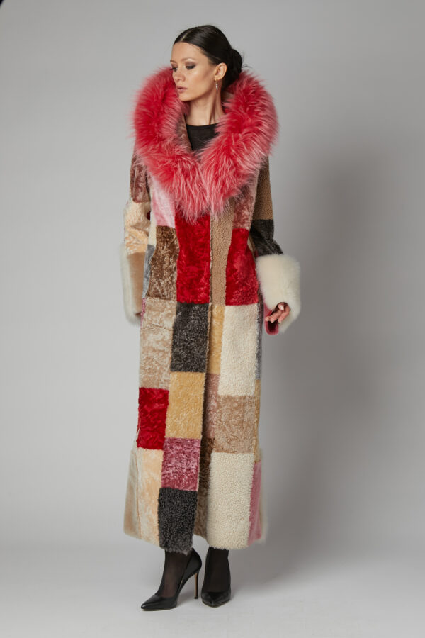 24/25 cappotto maxi in shearling patchwork multicolor