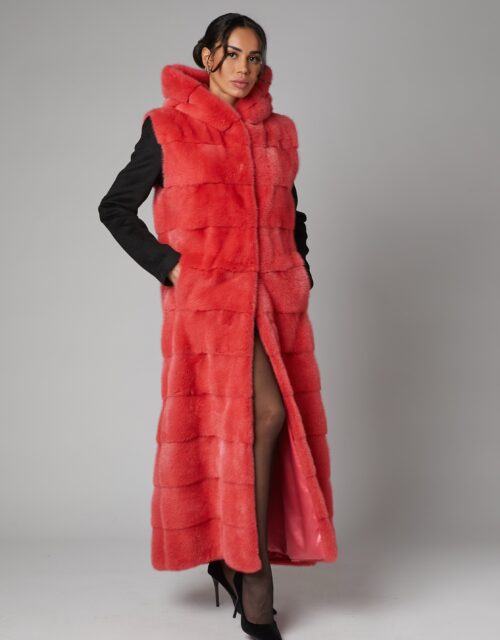 24/25 gilet in visone con cappuccio corallo