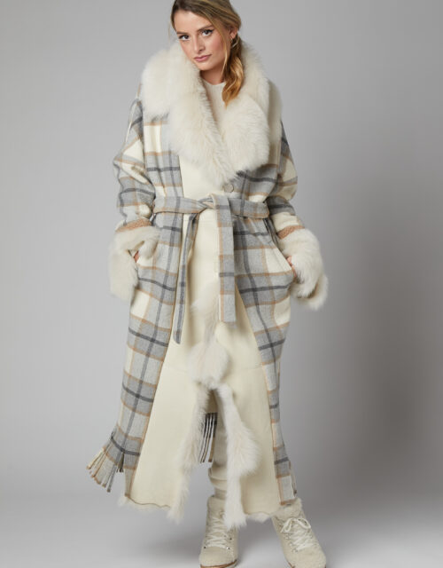 24/25 cappotto maxi con frange in lana fantasia tartan
