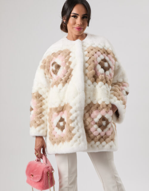 25/26 Giacca in visone bianco perla con disegno multicolor