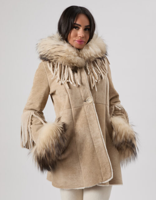 25/26 Cappotto in shearling scamosciato colore moon con frange