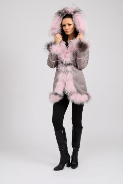 26/27 Cappotto in shearling scamosciato colore grigio glicine e rosa cipria