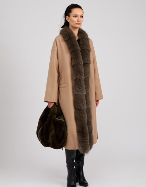 26/27 Cappotto maxi in cashmere colore beige con bordure in volpe tortora