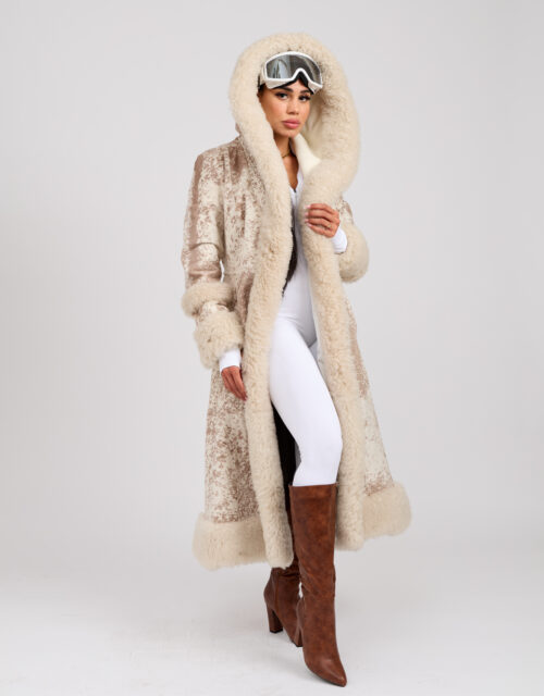 26/27 Cappotto in cavallino con bordure in shearling muflone colore panna e tortora