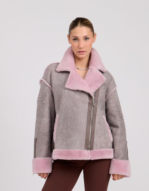 26/27 Giacca in shearling nappato colore grigio glicine e rosa cipria