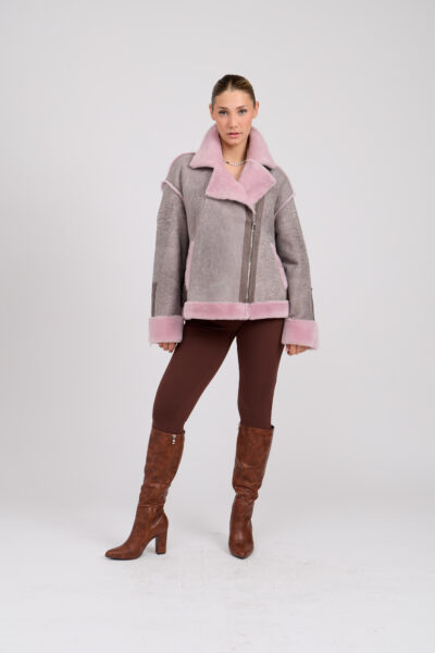 26/27 Giacca in shearling nappato colore grigio glicine e rosa cipria
