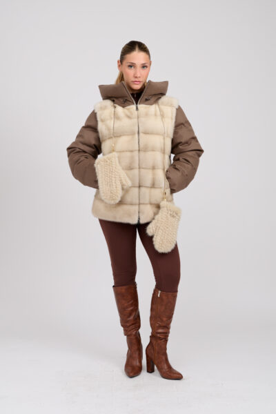 26/27 Piumino in cashmere tortora con pannelli in visone colore panna