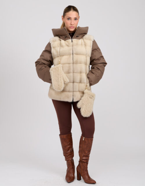 26/27 Piumino in cashmere tortora con pannelli in visone colore panna