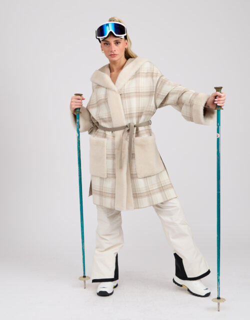 26/27 Cappotto in cashmere fantasia reversibile con bordure in shearling colore beige e panna